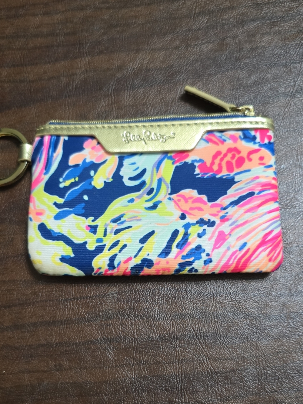 Lilly Pulitzer Navy Pink Yellow Multicolor Key Pouch with Gold Accent